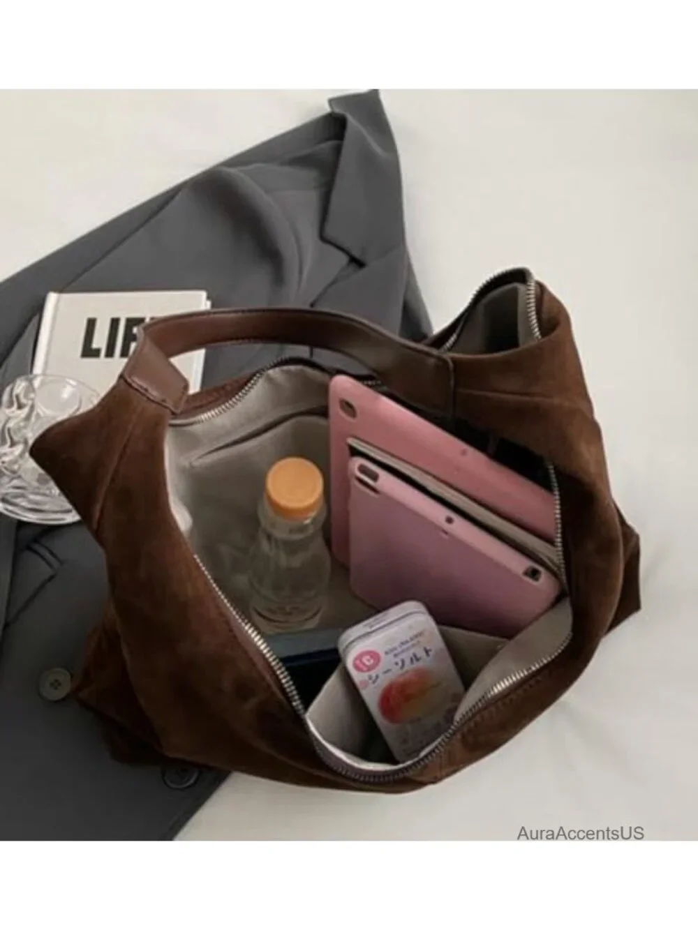 Faux Suede Tote Hobo Shoulder Purse Handbag Women